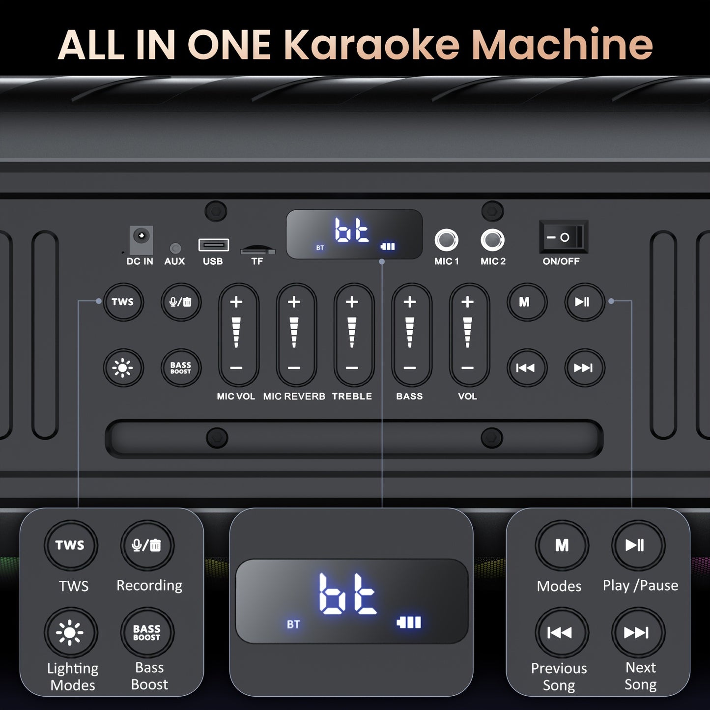 T11-T Bluetooth Karaoke Machine with 2 Wireless Microphones, Beat Light Show, and AUX Input for Home Parties