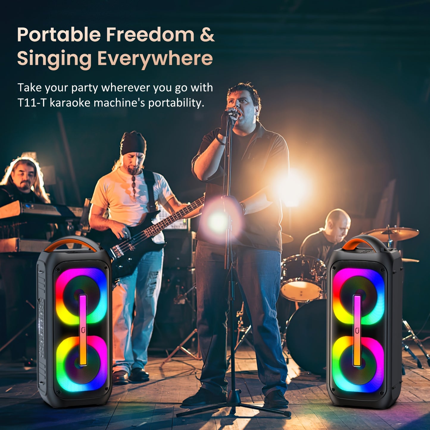 T11-T Bluetooth Karaoke Machine with 2 Wireless Microphones, Beat Light Show, and AUX Input for Home Parties