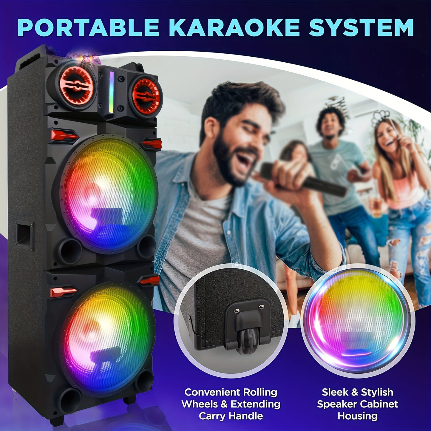 Portable Rechargeable Bluetooth PA Speaker System W/ Dual 10'' Woofer & 3'' Tweeter, 9000W Peak Power Outdoor Speaker Microphone Set, Flashing LED DJ Lights And Top Disco Ball, USB SD FM Radio AUX, Mic & Remote Control Includ