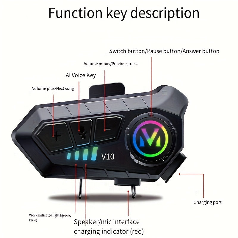 Y10 1000mAh Motorcycle Helmet Headset - Voice Control, Wireless, Hands-Free Calling & Music - For Motorcyclists - Bluetooth Headset - Perfect Gift for Riders