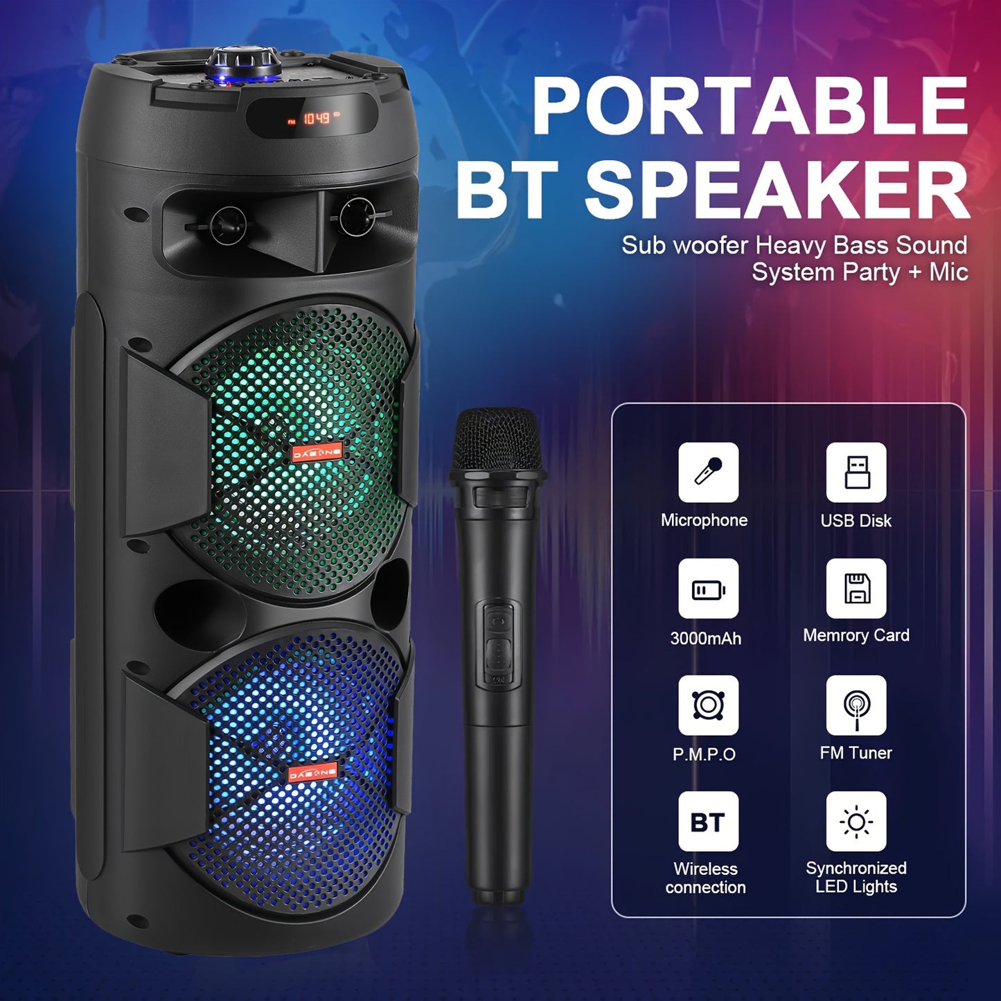 Portable Bluetooth PA Speaker - Dual 8'' Karaoke Speaker System with Microphone, Remote Control & Built-in Rechargeable Battery, MP3/USB/SD, LED Battery Indicator Lights - QS-2821