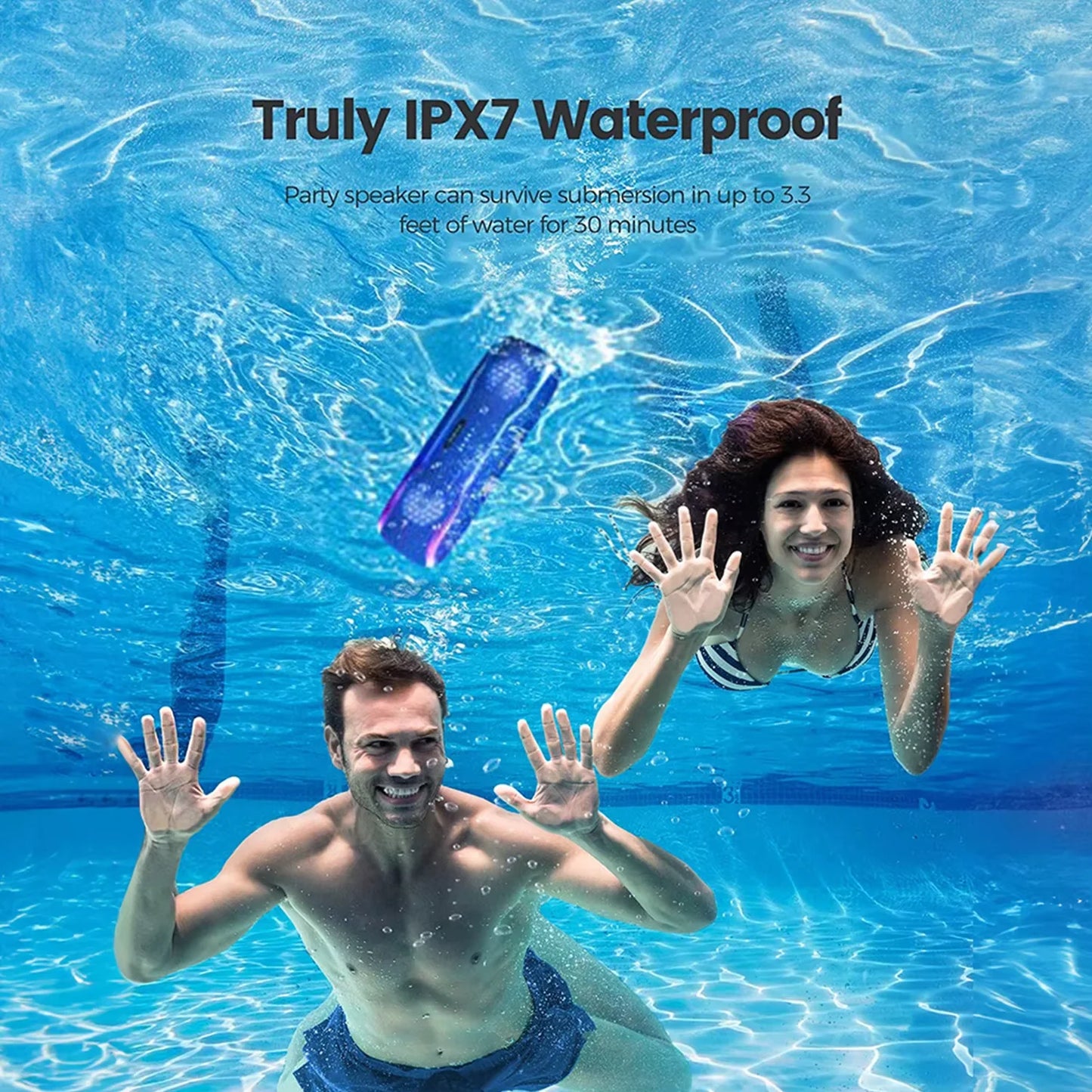 WISETIGER F10C Blue Truly IPX7 Waterproof HD Wireless Stereo Sound EQ Pulsing Light Show Up to 24 Hours of Playtime