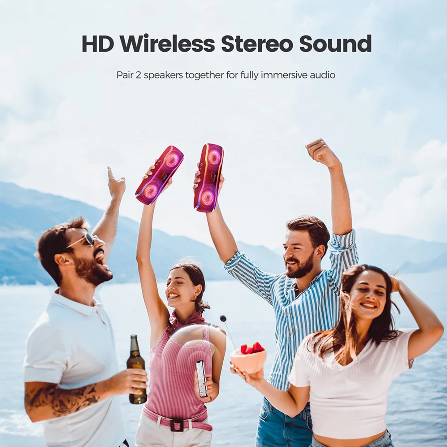 WISETIGER F10C Red Bluetooth Speaker Wireless IPX7 Waterproof Outdoor Sound Box BT5.3 RGB Light Stereo Surround Loudspeaker