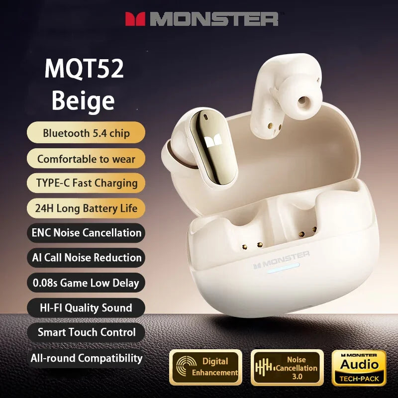 New Monster MQT52 TWS Wireless Bluetooth 5.4 Headset HIFI Stereo Music Gaming Earphones Talking Noise Canceling Earbuds