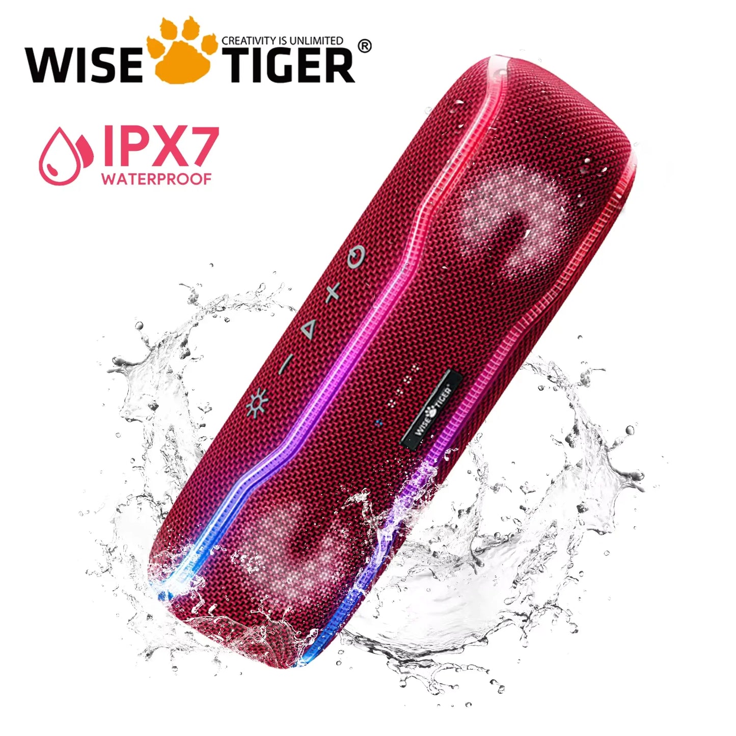 WISETIGER F10C Red Bluetooth Speaker Wireless IPX7 Waterproof Outdoor Sound Box BT5.3 RGB Light Stereo Surround Loudspeaker