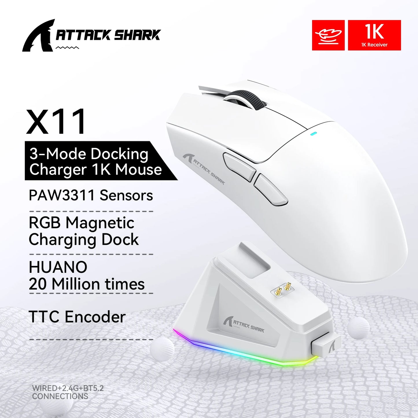 Tri-Mode Connection 2.4GHz/Wired/Bluetooth PAW3311 22000DPI 400IPS RGB  PC Gaming Mouse