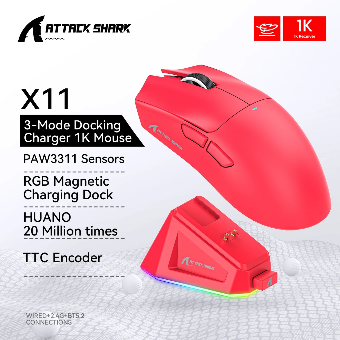 Tri-Mode Connection 2.4GHz/Wired/Bluetooth PAW3311 22000DPI 400IPS RGB  PC Gaming Mouse