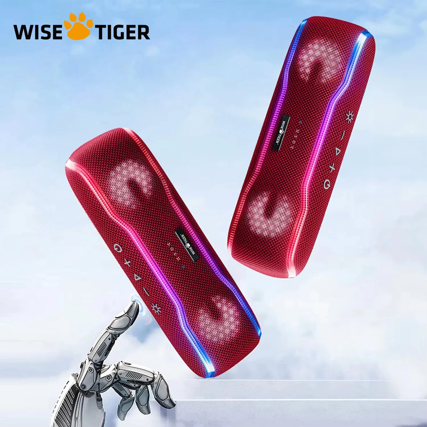 WISETIGER F10C Red Bluetooth Speaker Wireless IPX7 Waterproof Outdoor Sound Box BT5.3 RGB Light Stereo Surround Loudspeaker