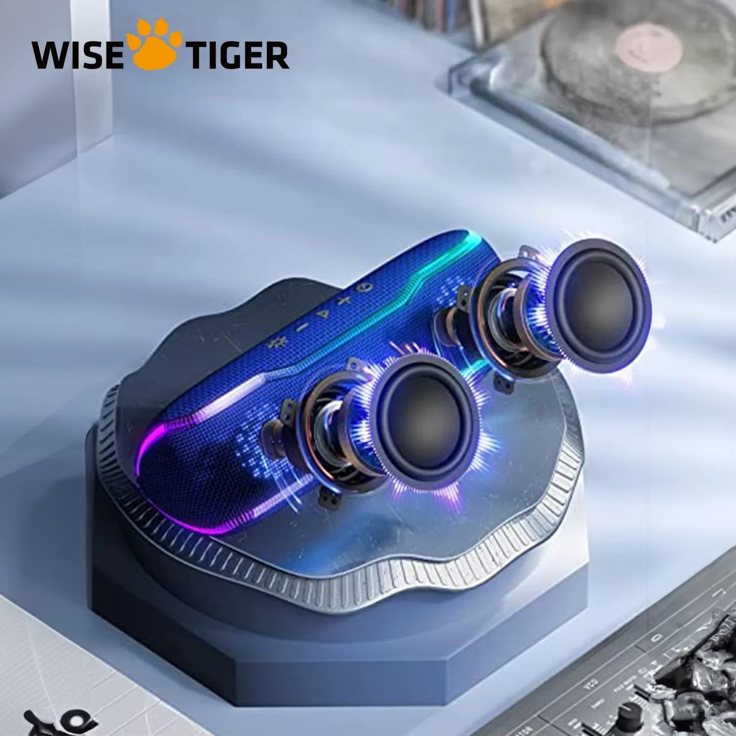 WISETIGER F10C Blue Truly IPX7 Waterproof HD Wireless Stereo Sound EQ Pulsing Light Show Up to 24 Hours of Playtime