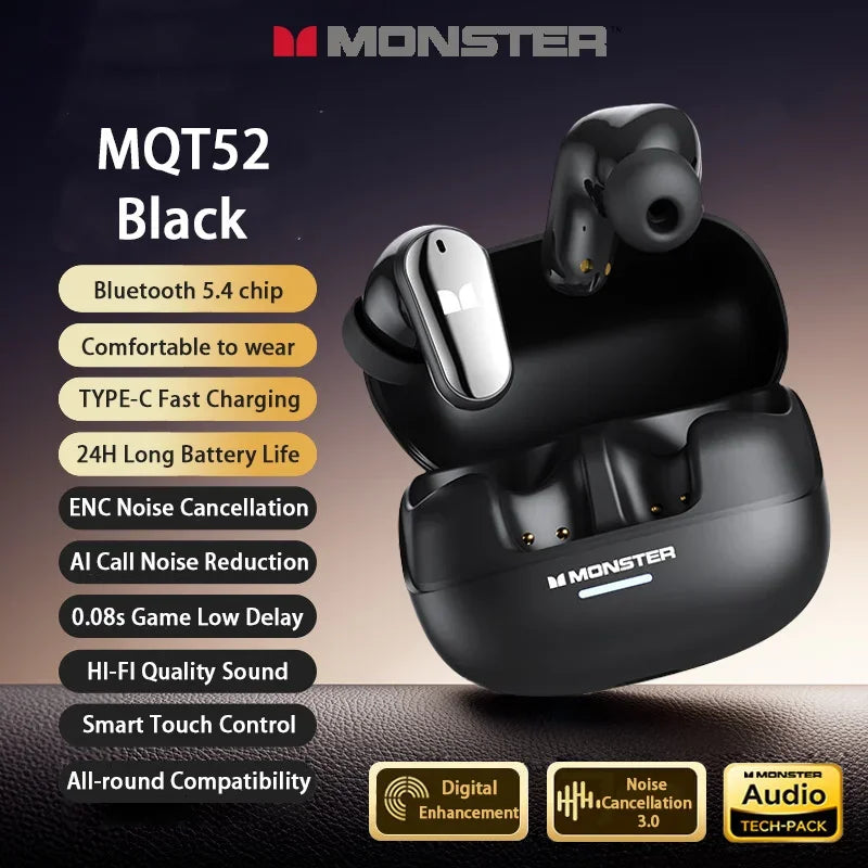 New Monster MQT52 TWS Wireless Bluetooth 5.4 Headset HIFI Stereo Music Gaming Earphones Talking Noise Canceling Earbuds