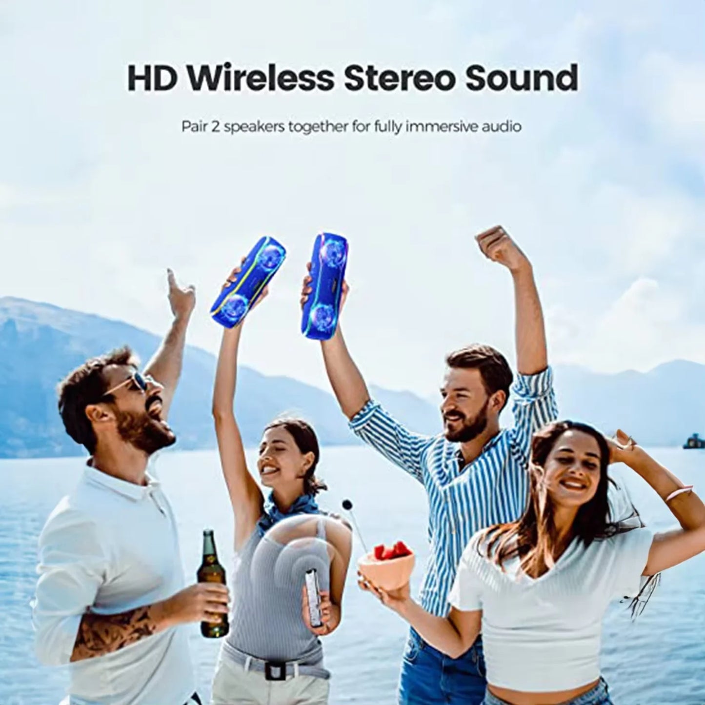 WISETIGER F10C Blue Truly IPX7 Waterproof HD Wireless Stereo Sound EQ Pulsing Light Show Up to 24 Hours of Playtime