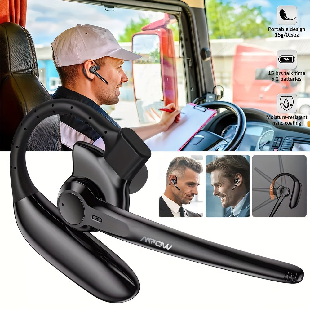 15-Hour Long-Lasting Mpow S12 Wireless Single Ear Bluetooth Headset - AI Noise Cancelling, V5.3 Auriculares Earpiece with Microphone for Trucker, Office, Home Use - Clear Audio and Comfortable Wear