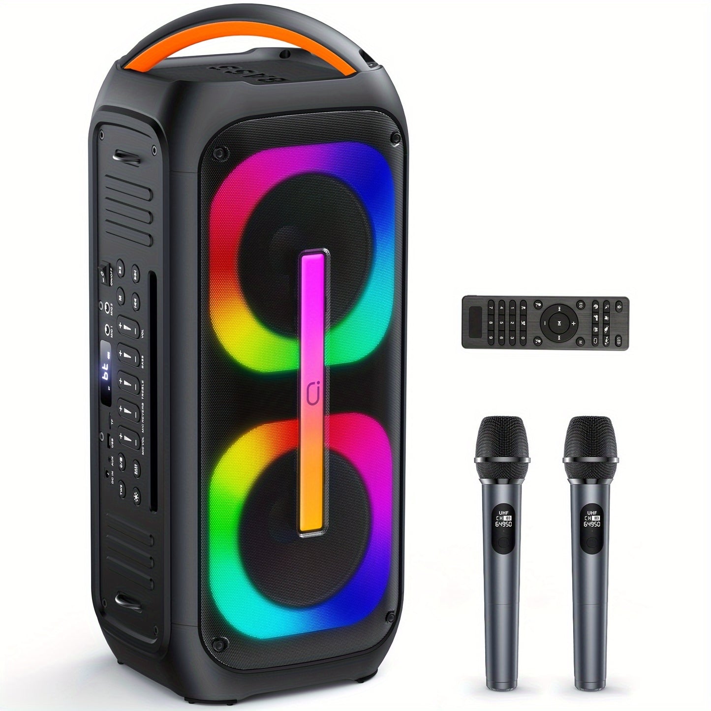 T11-T Bluetooth Karaoke Machine with 2 Wireless Microphones, Beat Light Show, and AUX Input for Home Parties