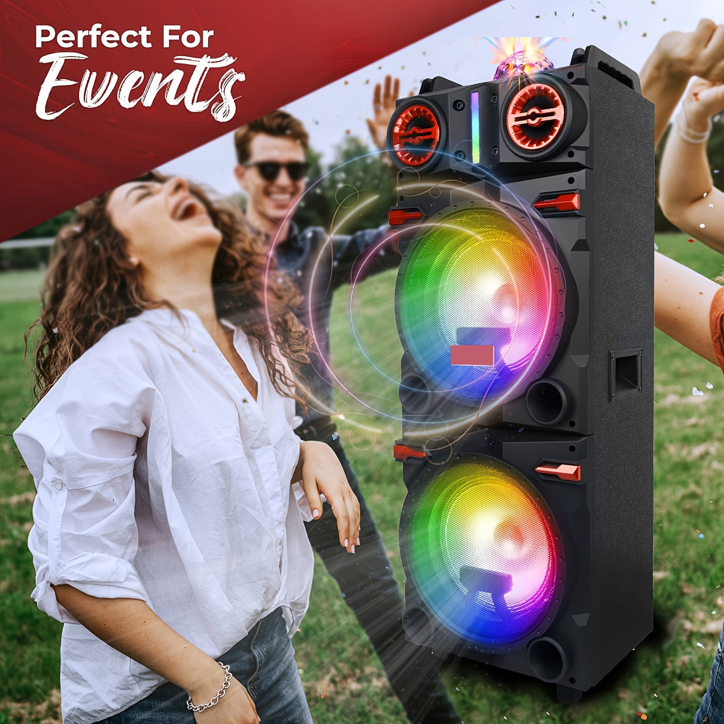 Portable Rechargeable Bluetooth PA Speaker System W/ Dual 10'' Woofer & 3'' Tweeter, 9000W Peak Power Outdoor Speaker Microphone Set, Flashing LED DJ Lights And Top Disco Ball, USB SD FM Radio AUX, Mic & Remote Control Includ