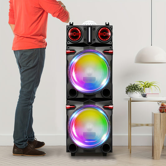 Portable Rechargeable Bluetooth PA Speaker System W/ Dual 10'' Woofer & 3'' Tweeter, 9000W Peak Power Outdoor Speaker Microphone Set, Flashing LED DJ Lights And Top Disco Ball, USB SD FM Radio AUX, Mic & Remote Control Includ