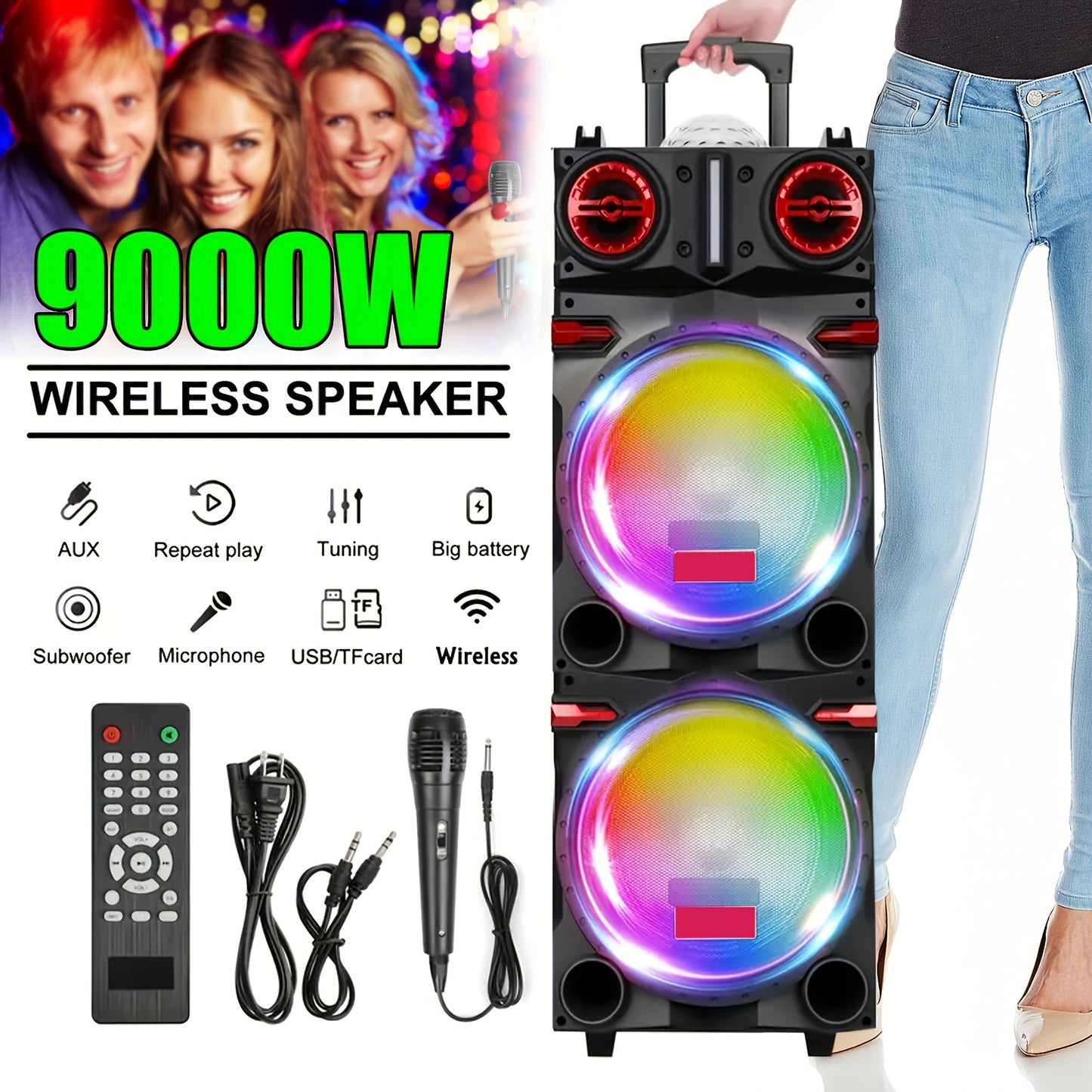 Portable Rechargeable Bluetooth PA Speaker System W/ Dual 10'' Woofer & 3'' Tweeter, 9000W Peak Power Outdoor Speaker Microphone Set, Flashing LED DJ Lights And Top Disco Ball, USB SD FM Radio AUX, Mic & Remote Control Includ