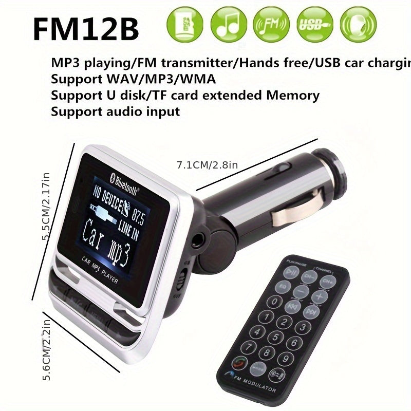 Wireless Car MP3 Player - Bluetooth FM Transmitter with LCD Screen, Rapid USB Charger, TF Card Support, Line-in AUX, and Complete Car Kit for Hands-Free Calls and Music Streaming - FM12B Model